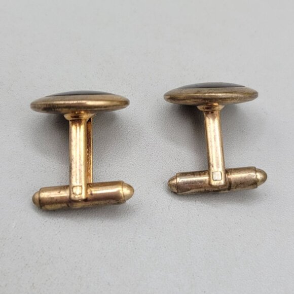 Vintage Pioneer Cufflinks Abalone Shell Inlay Gold Tone Round Design - Picture 3 of 5